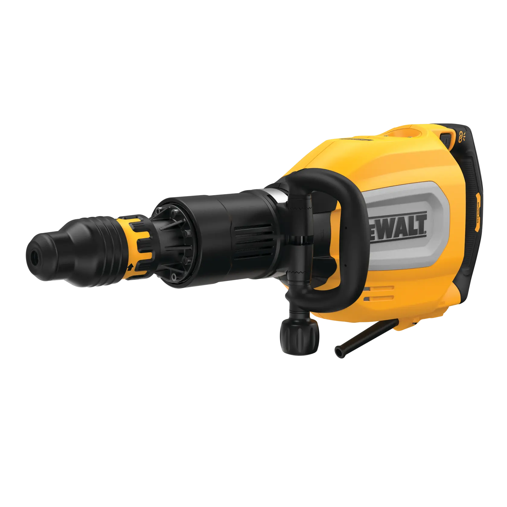 En elektrisk demoleringshammer fra DEWALT med gul og sort kropp og et sidehåndtak for bedre grep og kontroll.