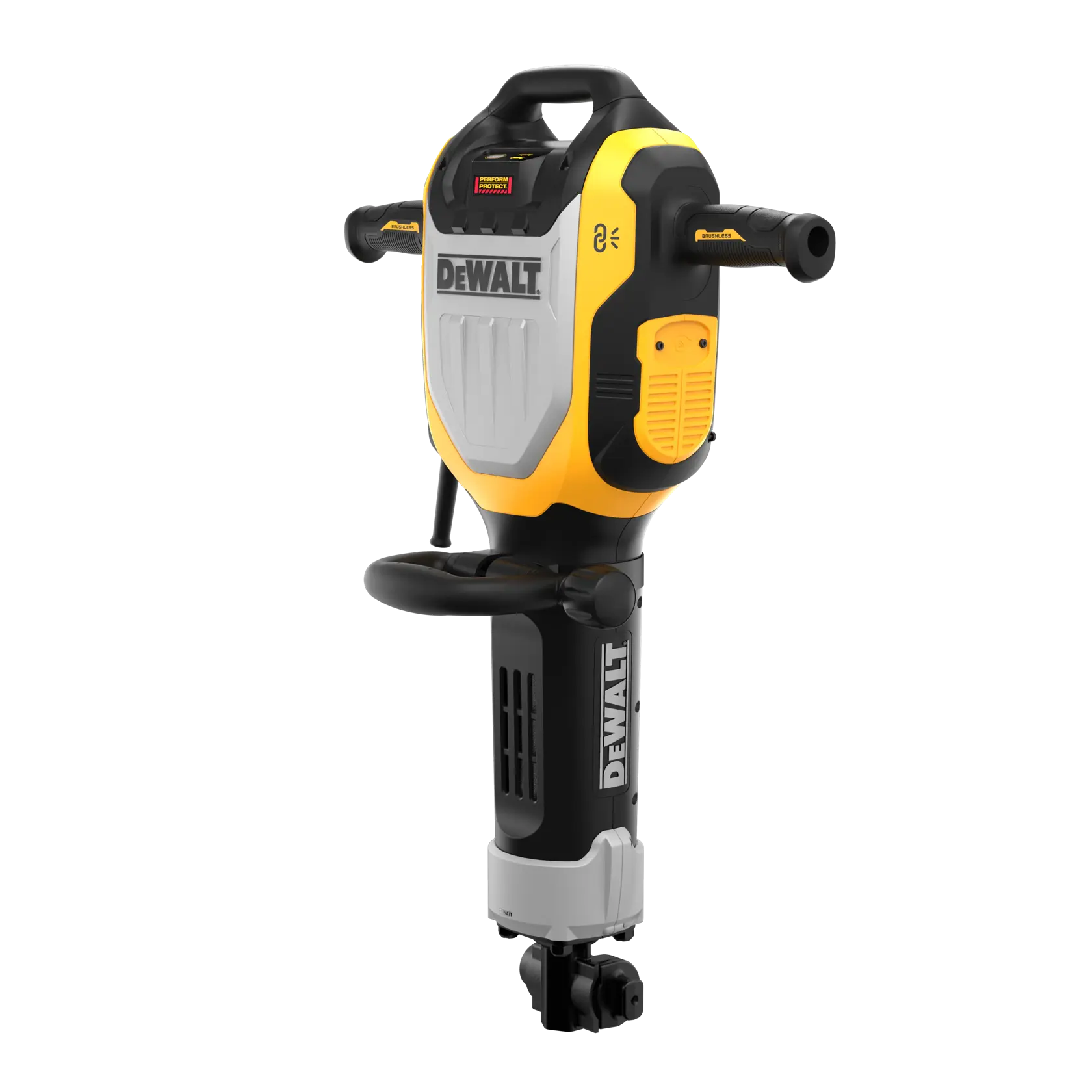 En DEWALT elektrisk meiselhammer med gult og svart design, ergonomiske håndtak og solid konstruksjon, vist stående oppreist mot hvit bakgrunn.