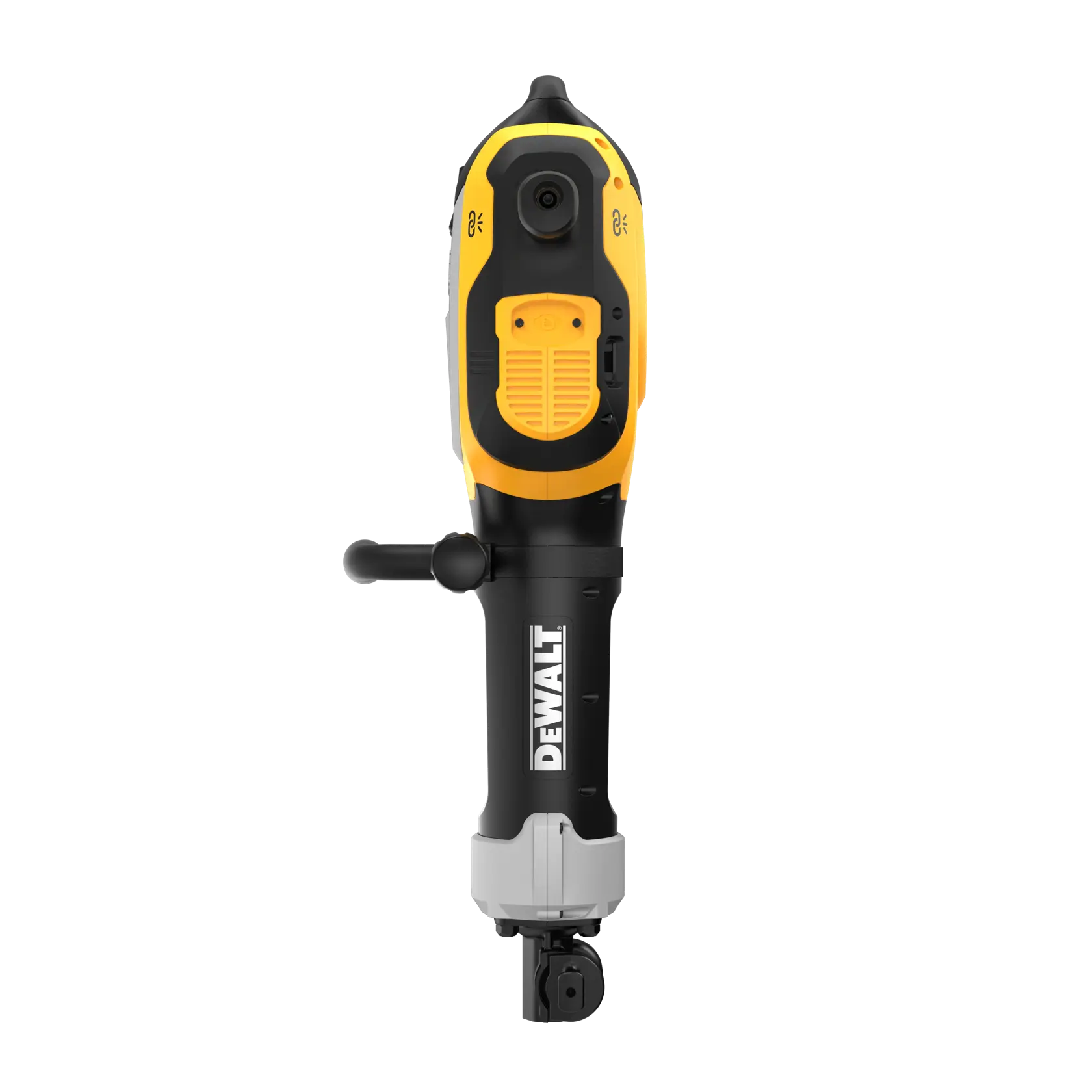 Fremvisning av en DEWALT demoleringshammer med svart og gult design samt et sidehåndtak, modell D25966K.