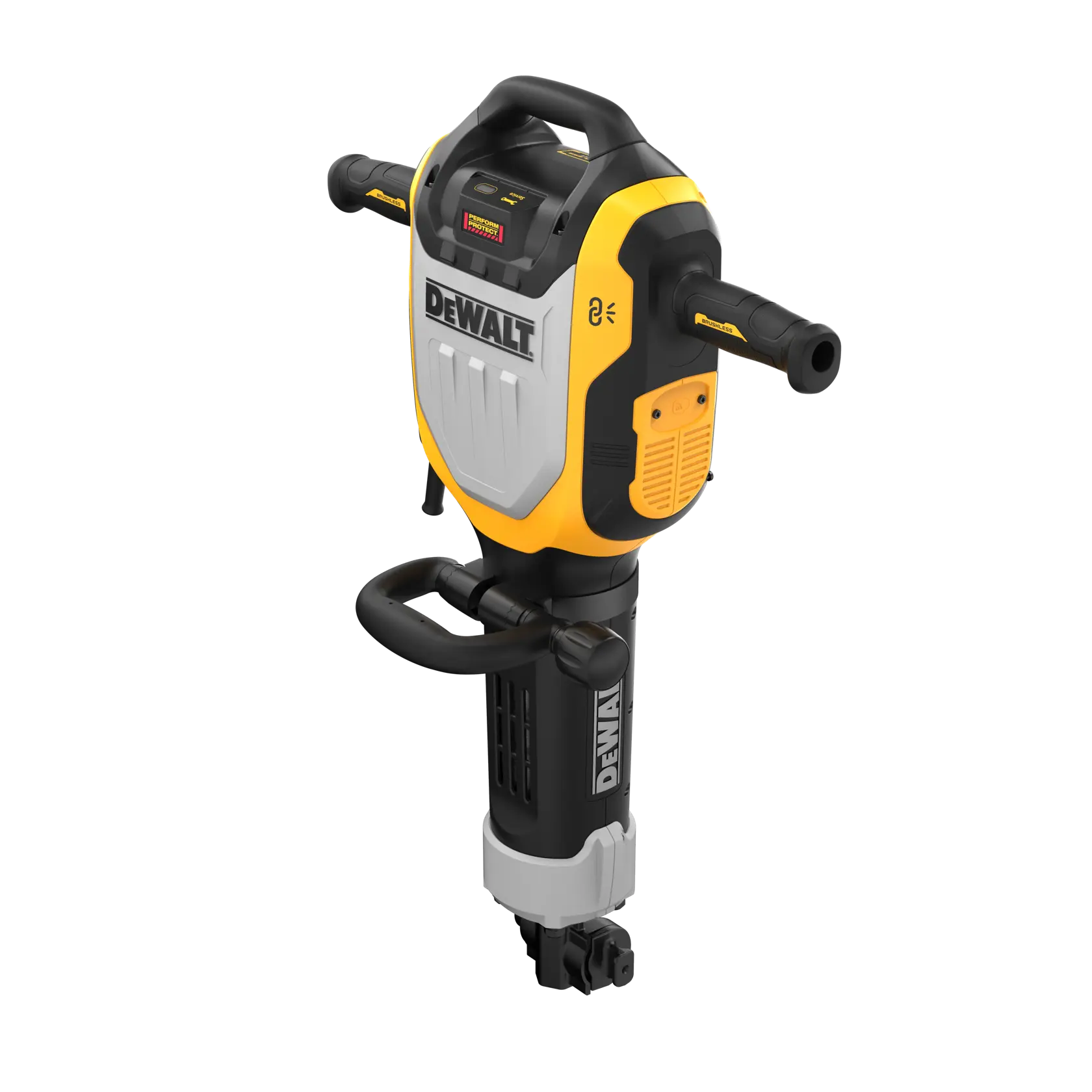 En elektrisk pigghammer fra DEWALT med gult og svart design, to håndtak og robust konstruksjon, egnet for tungt rivningsarbeid.