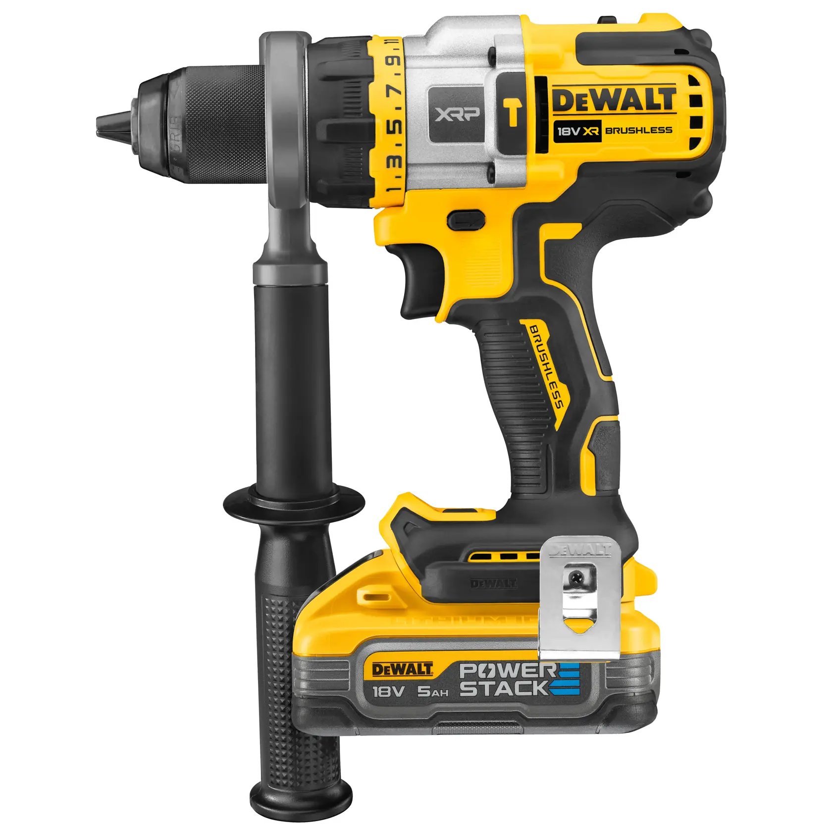 En DEWALT DCD999H2T 18V XR børsteløs trådløs drill med sidehåndtak og POWERSTACK 5Ah batteri, vist mot hvit bakgrunn.