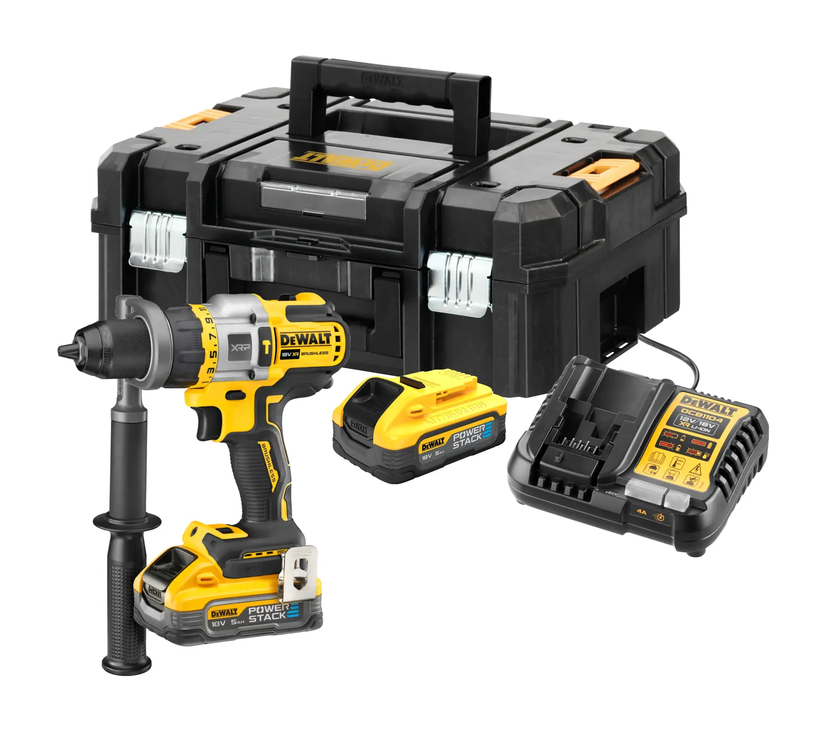 DEWALT trådløst drillsett med drill, to PowerStack-batterier, lader og solid svart verktøykasse.