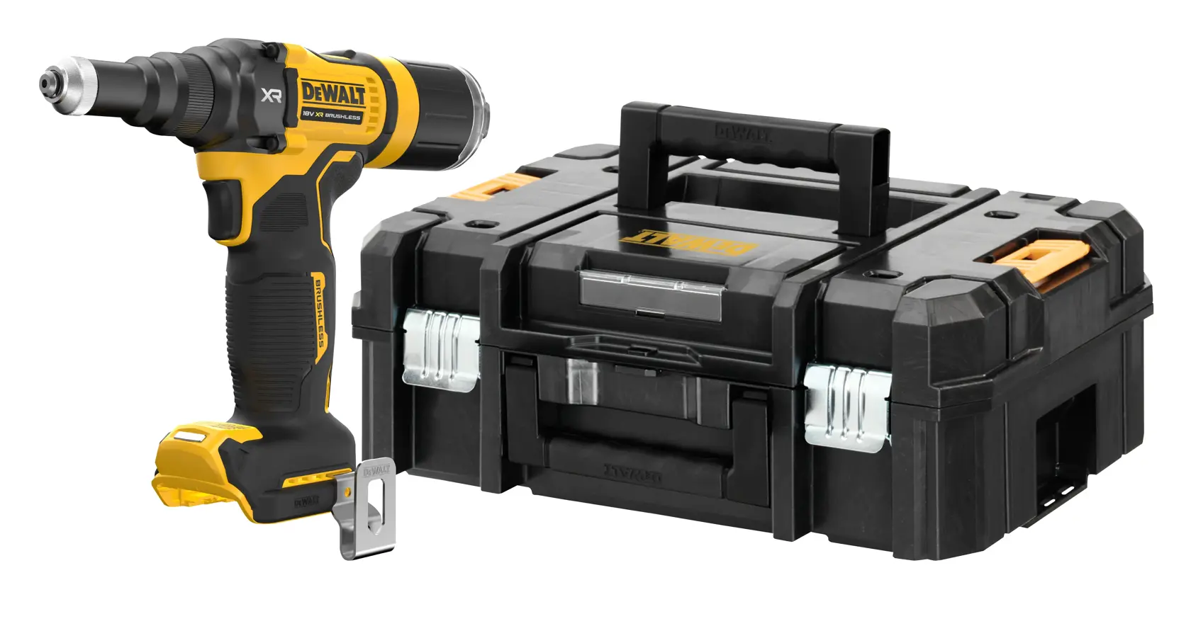 DEWALT batteridrill i sort og gul design, vist ved siden av en sort hardplast koffert med håndtak og metallspenner.