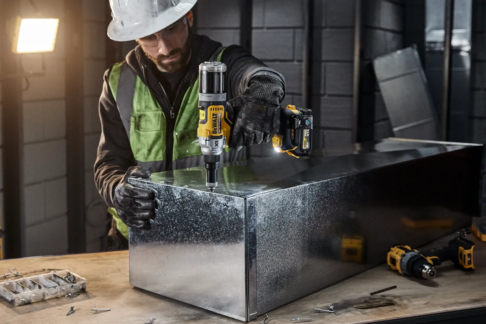 En person med verneutstyr bruker et DEWALT DCF414E2GT elektrisk verktøy til å bore i en stor metallboks i et industrielt miljø. Andre DEWALT-verktøy og skruer er synlige på arbeidsbenken.