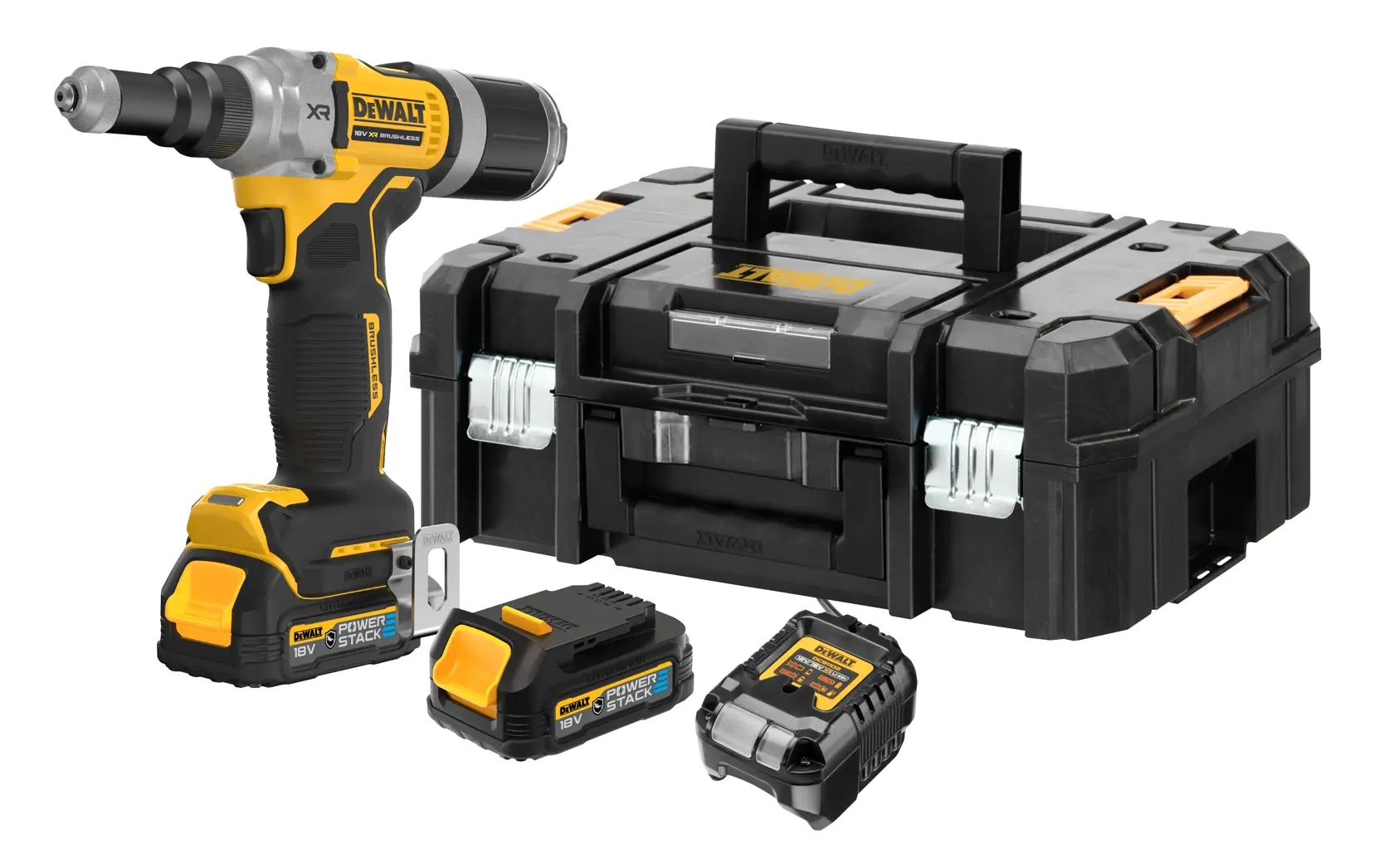 DEWALT batteridrevet slagskrutrekkersett DCF414E2GT med svart og gul slagskrutrekker, to 18V Powerstack-batterier, en batterilader og en svart DEWALT oppbevaringskoffert.