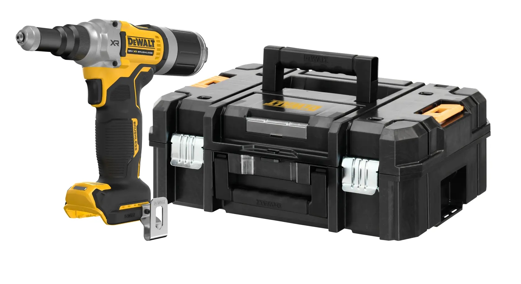 Et trådløst DEWALT-eldrevet verktøy med sort og gul design vises ved siden av en solid sort bærekoffert med håndtak og metallklemmer.