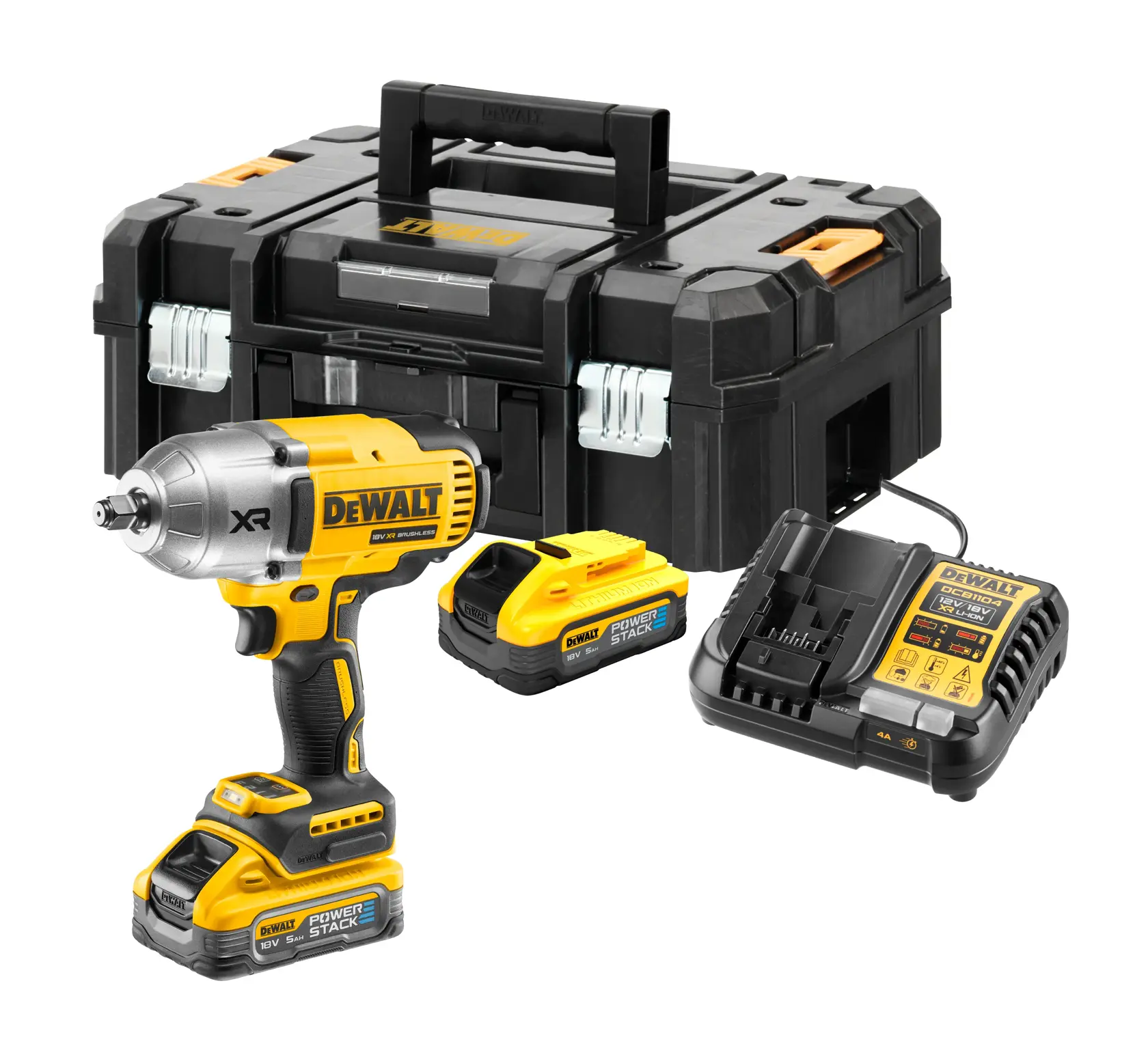 DEWALT trådløs slagtrekker-sett med en gul og svart slagtrekker med POWERSTACK-batterier, en batterilader og en solid svart bærekoffert med oransje og metalliske låser.