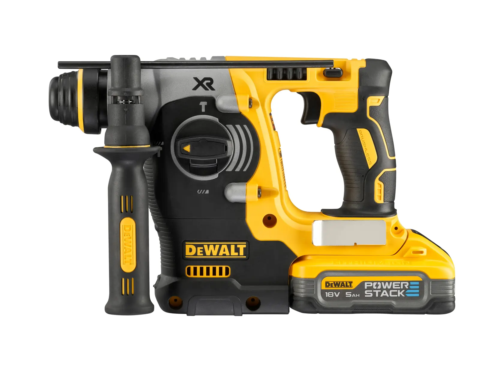 Trådløs DEWALT borehammer med batteri, gul og svart design, sidehåndtak og merket Power Stack 18V 5Ah batteripakke.