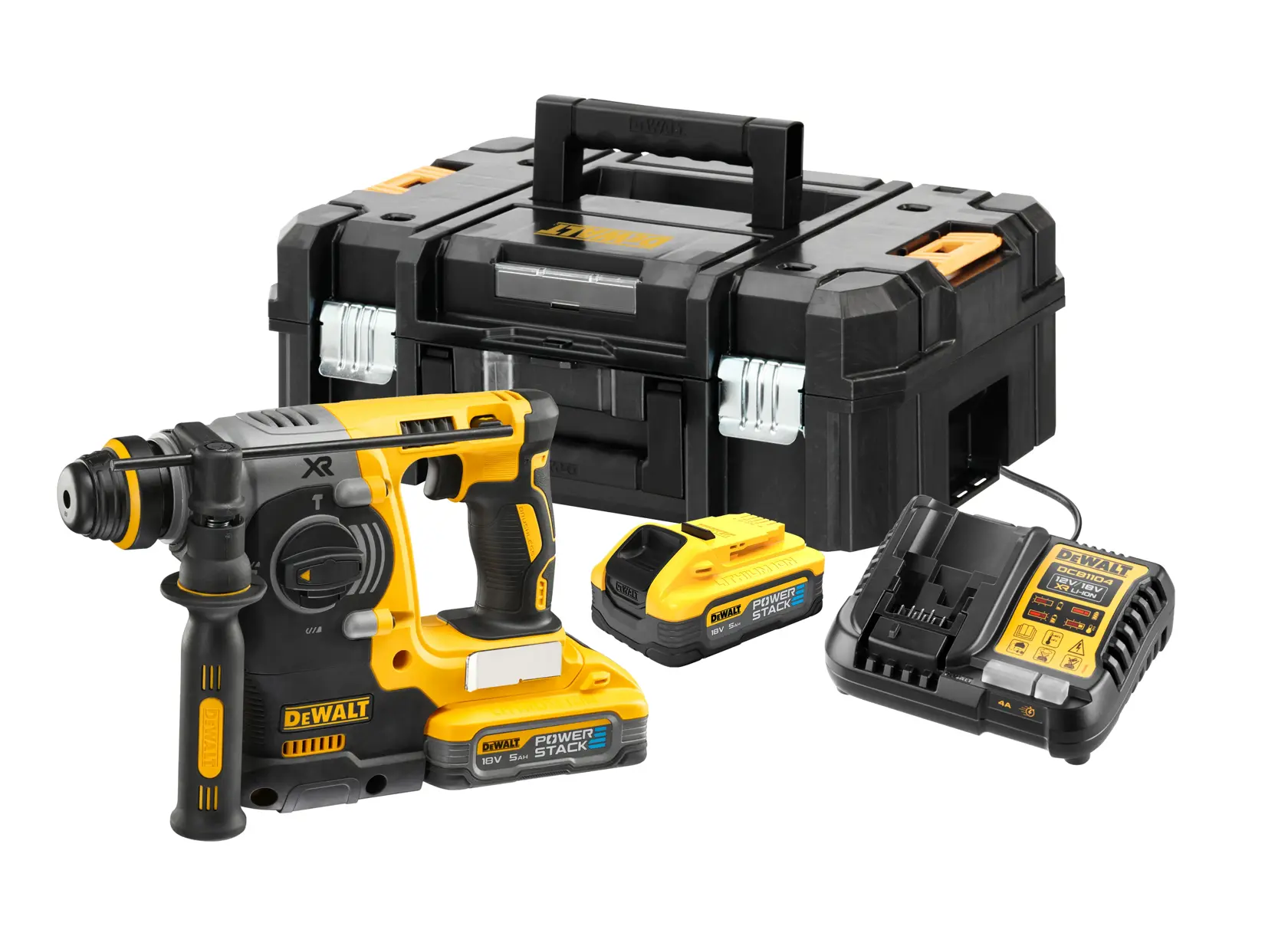 DEWALT trådløs borhammerpakke med en gul og svart borhammer, to batterier, en lader og en solid svart bæreveske.