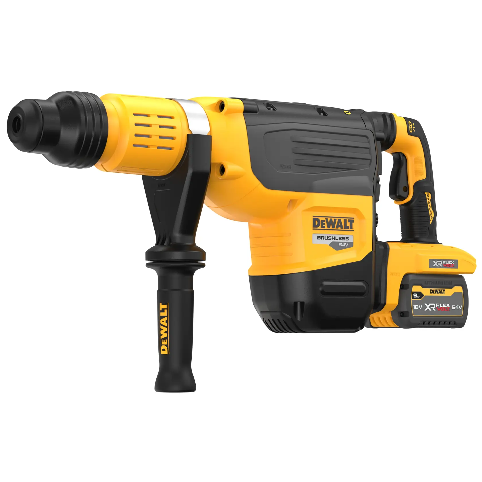 En gul og svart DEWALT børsteløs, batteridrevet roterende hammerbor, modell DCH775X2, med XR FLEXVOLT lithium-ion batteri og sidehåndtak.