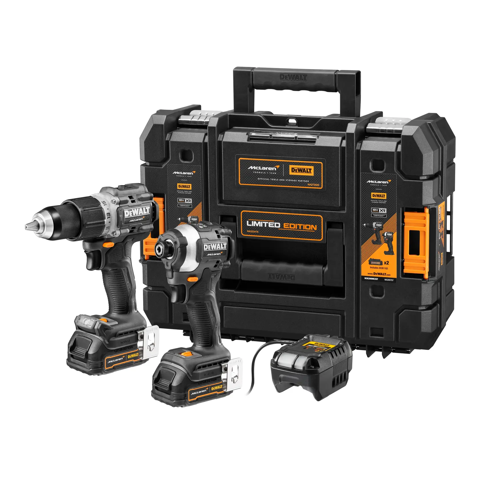 DEWALT verktøysett i begrenset utgave med to trådløse elektriske verktøy, en batterilader og en solid svart koffert med orange detaljer og McLaren-merke.