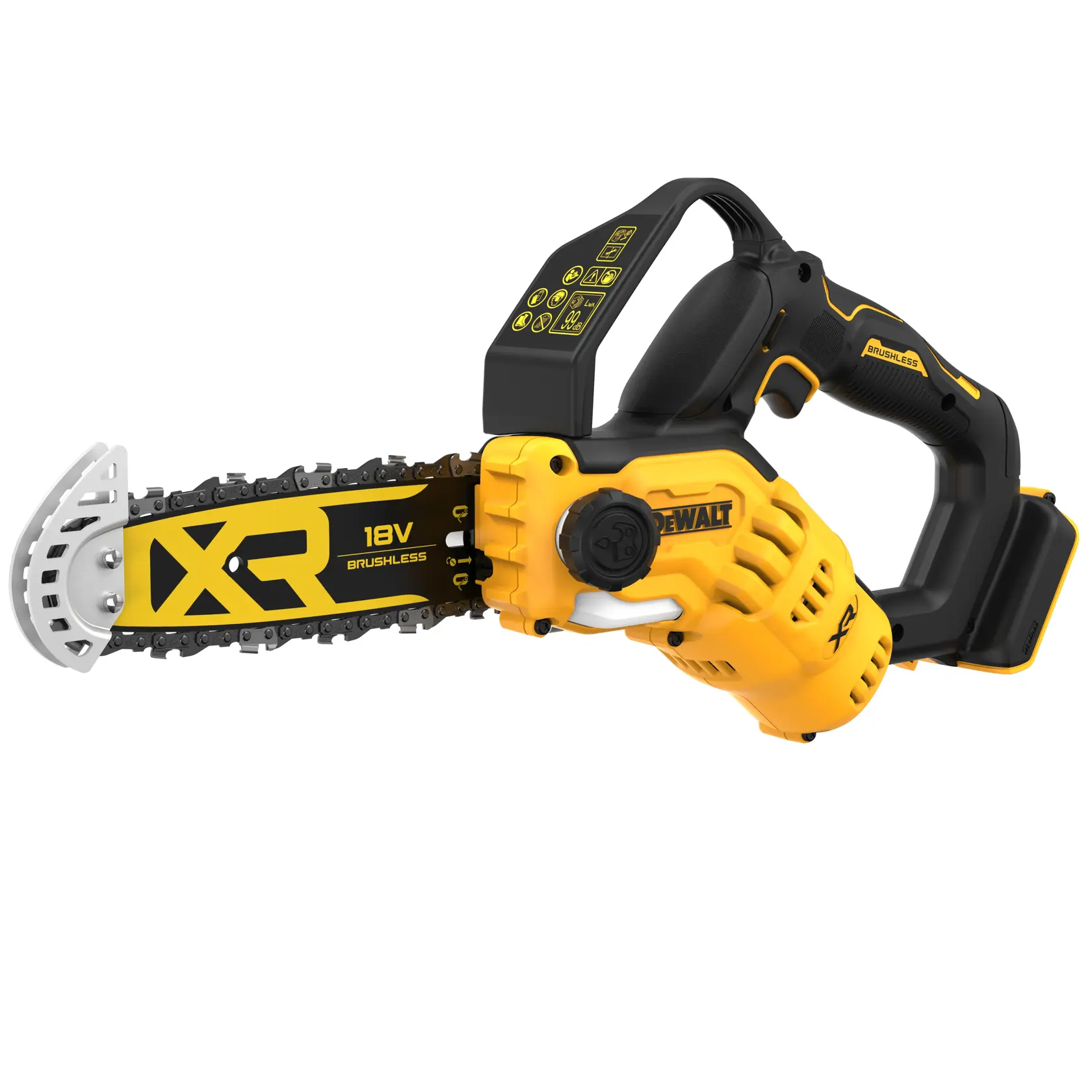 En DEWALT trådløs 18V XR børsteløs motorsag i gult og svart vises mot hvit bakgrunn.