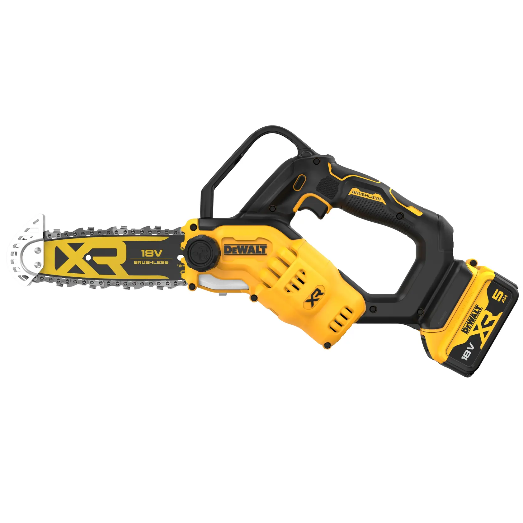 En DEWALT 18V XR Brushless batteridrevet beskjæringssag med gult og svart design, sikkerhetsbeskyttelse over kjedet og 5,0Ah litium-ion batteri.