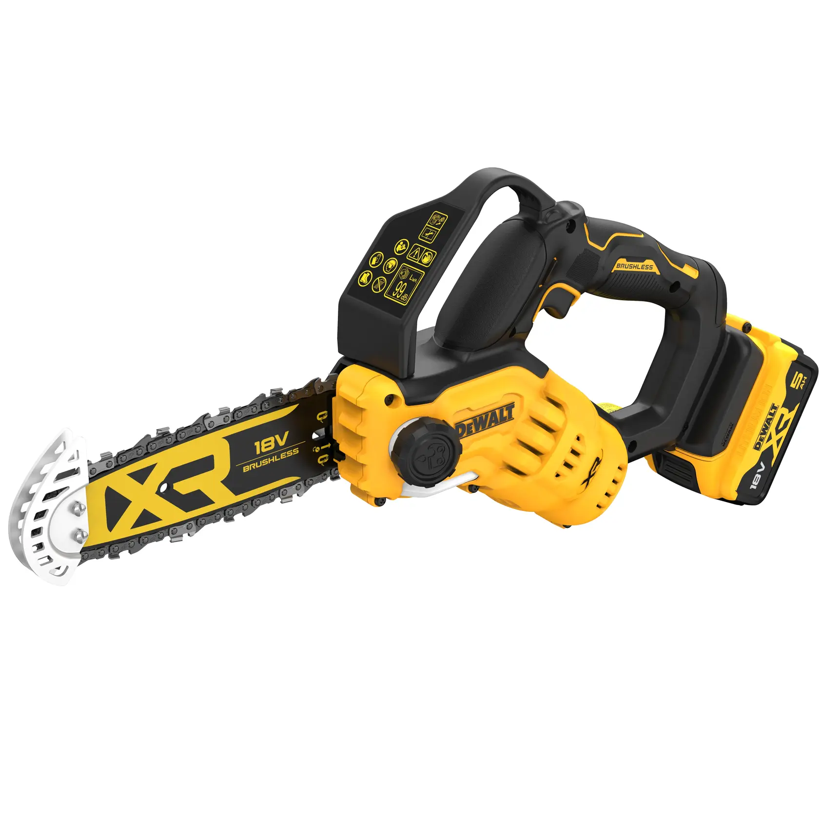 En DEWALT 18V XR batteridrevet børsteløs motorsag med gult og svart design, ergonomisk håndtak, sikkerhetsbeskyttelse og synlig batteripakke.