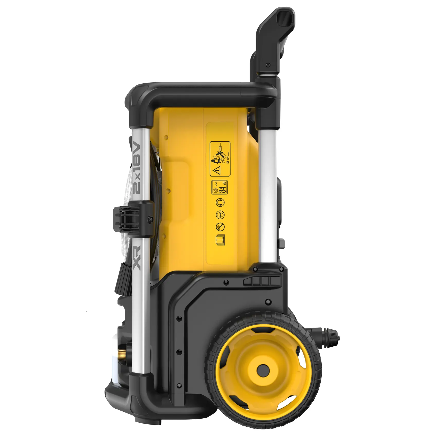 Sidevisning av en bærbar DEWALT DCMPW1600 høytrykksspyler med gult og svart design, store hjul og håndtak for enkel transport.