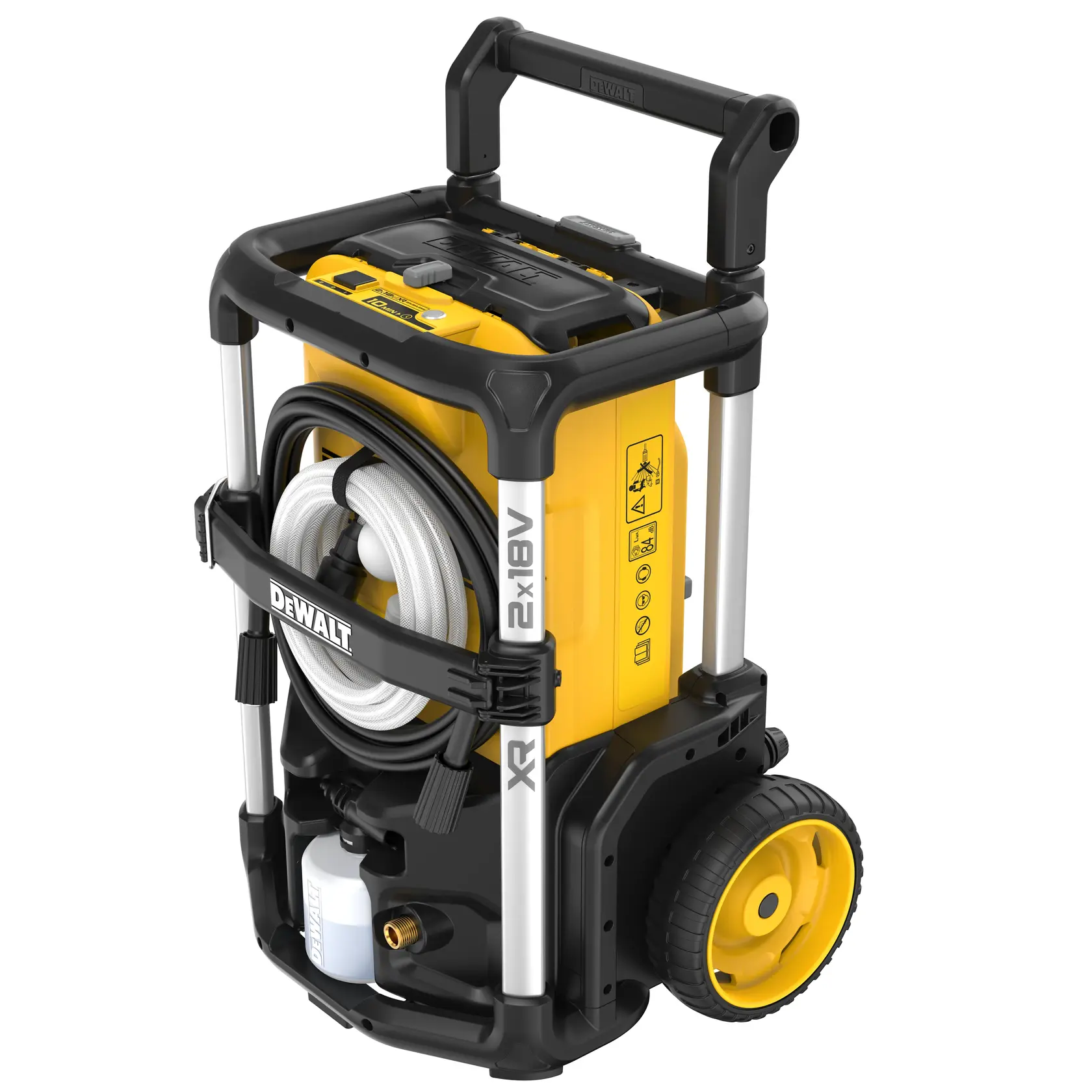 DEWALT bærbar høytrykkspyler, gul og svart, med hjul og håndtak for enkel transport. Enheten har en sammenrullet slange og integrert oppbevaring for tilbehør.