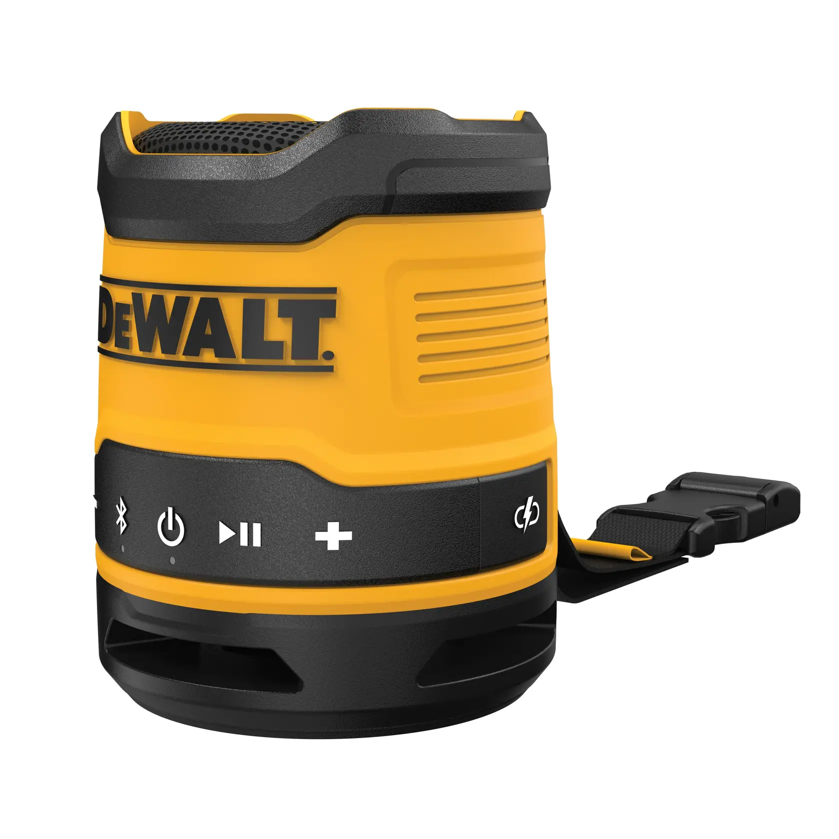 En DEWALT bærbar Bluetooth-høyttaler i gul og svart, med kontrollknapper og bærestropp.