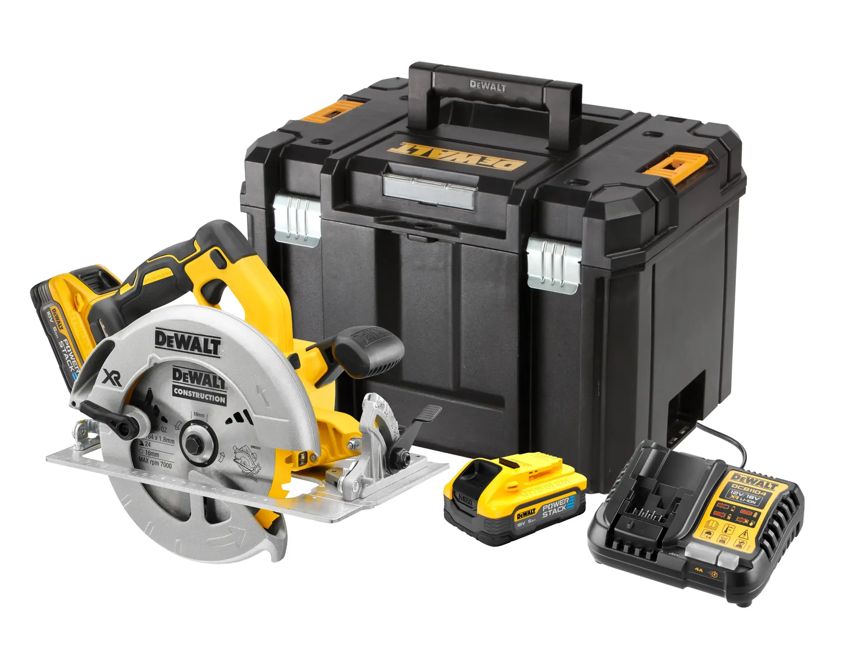 Et DEWALT trådløst sirkelsagsett vises, som inkluderer en gul og svart sirkelsag, to batteripakker, en batterilader og en robust svart oppbevaringskoffert.