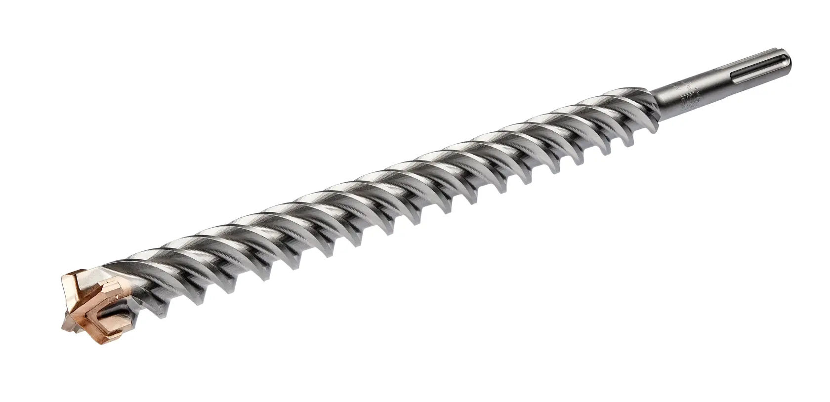 En DEWALT roterende hammerbor med spiralformet spor og en hardmetallspiss, egnet til boring i betong og murverk. Boret vises mot hvit bakgrunn.