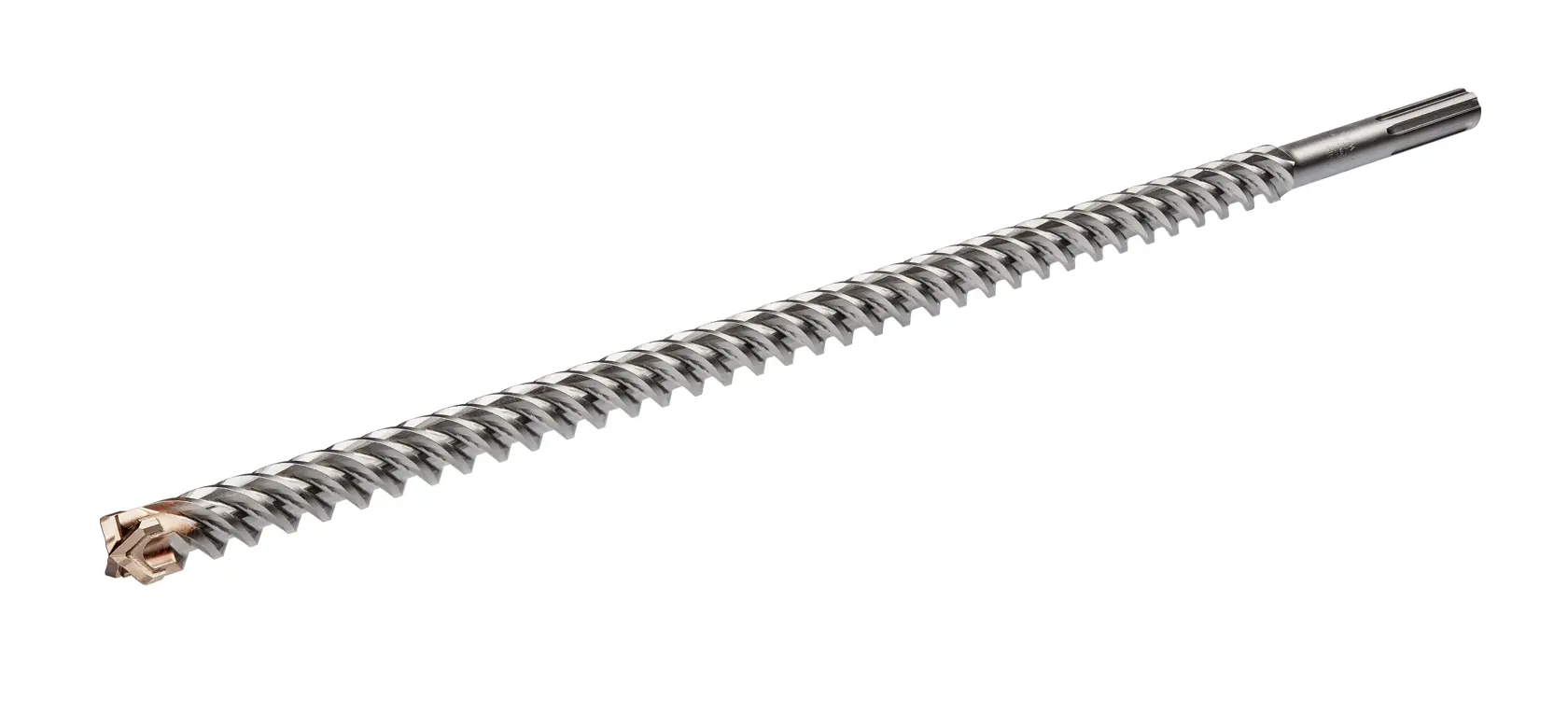 En lang metallbor for murverk med spiralformet design og spesialisert kuttespiss, vist mot hvit bakgrunn.