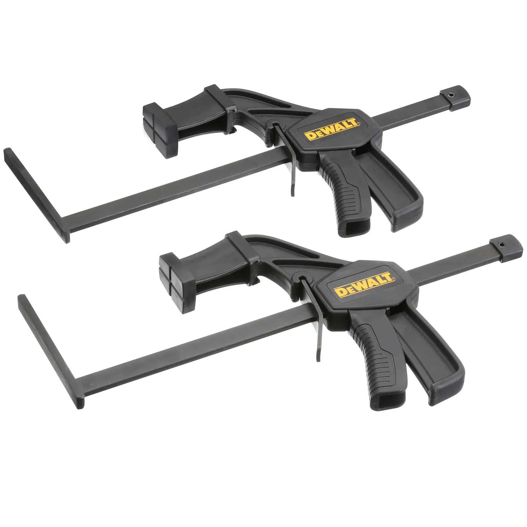 Two DEWALT quick-release clamps with black handles and jaws, designed for securing workpieces during photography tasks.