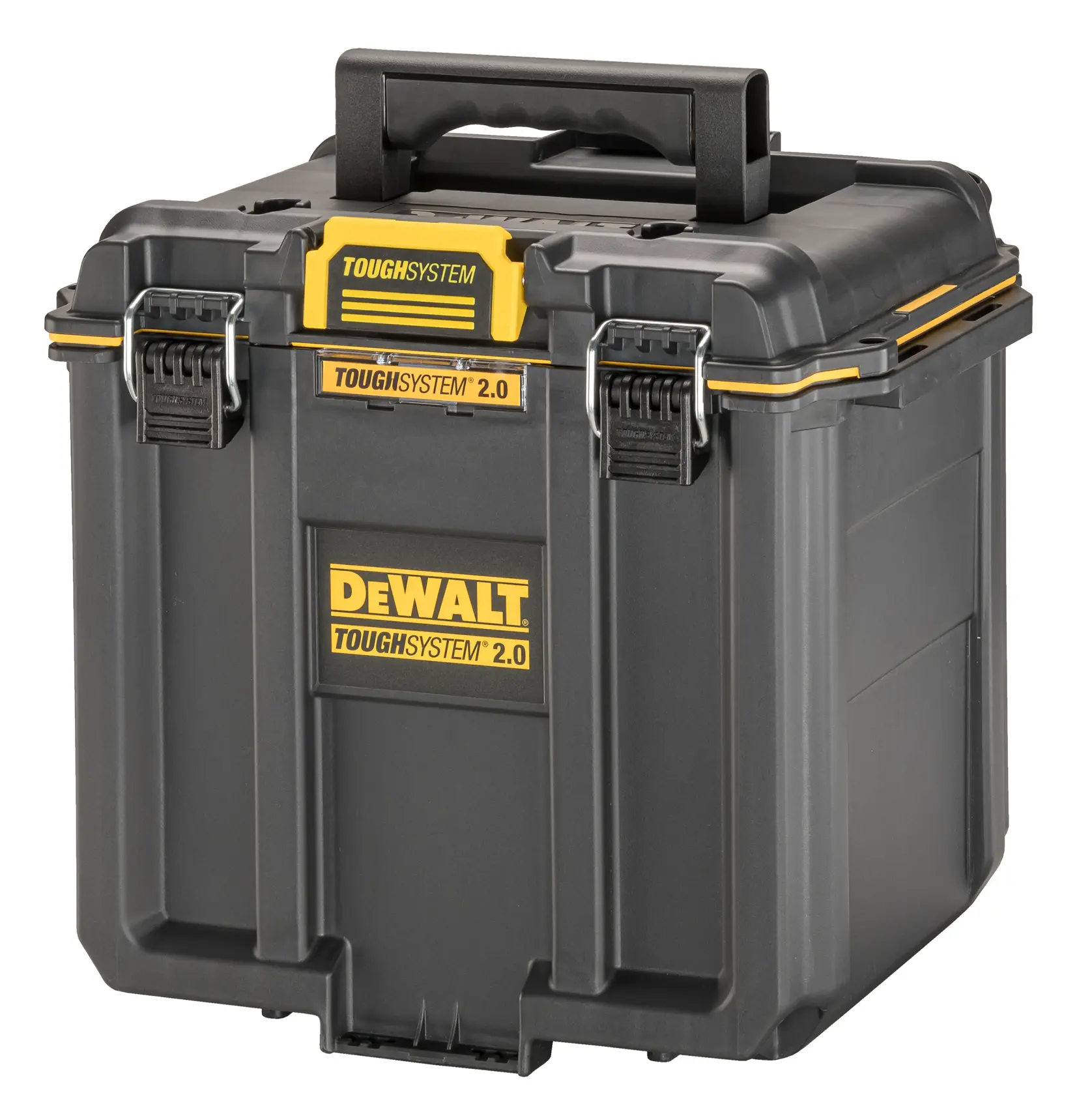 En DEWALT ToughSystem 2.0 oppbevaringsboks med svart og gul design, solid håndtak og sikre metallåser.