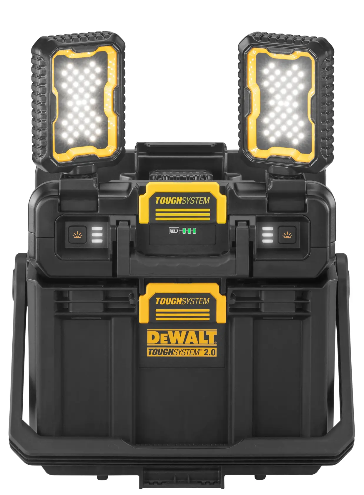En DEWALT ToughSystem 2.0 bærbar oppbevaringsboks med to innebygde LED arbeidslys på toppen. Boksen er svart og gul, designet for holdbarhet og tung bruk, og har låsemekanismer og håndtak for enkel transport.