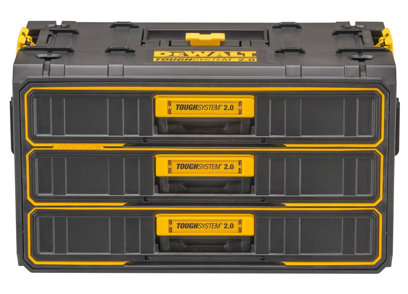 DEWALT ToughSystem 2.0 storage box with three black drawers and yellow handles.