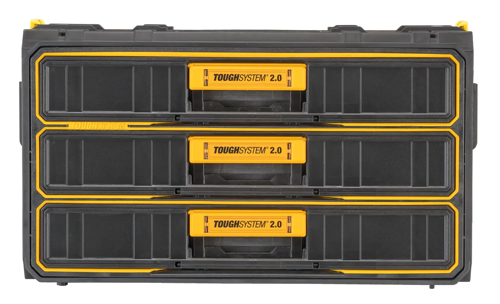 DEWALT ToughSystem 2.0 storage box with three drawers, black and yellow, for tool organization.