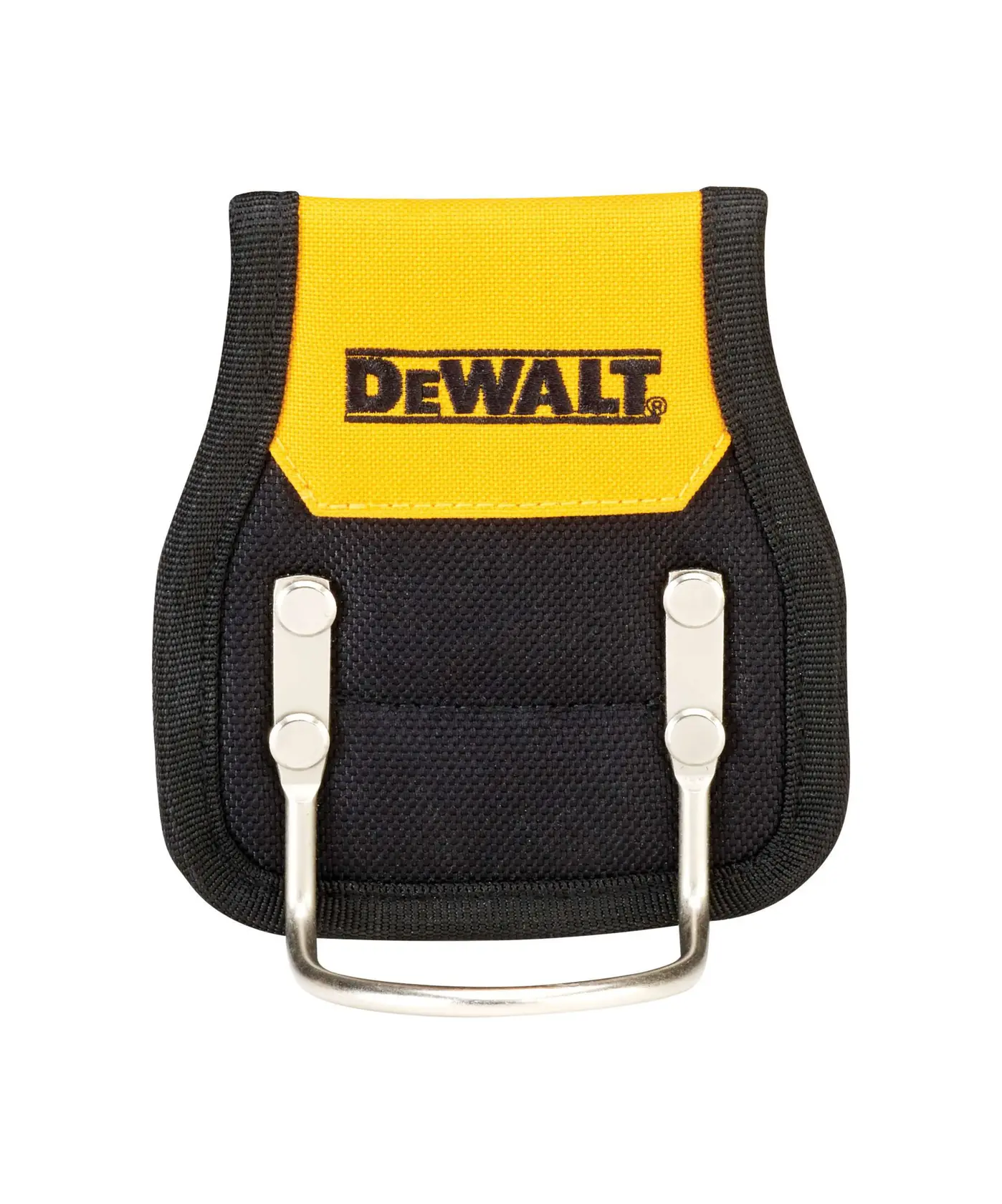 DEWALT tool holder with black and yellow fabric and metal hook for carrying tools on a belt.