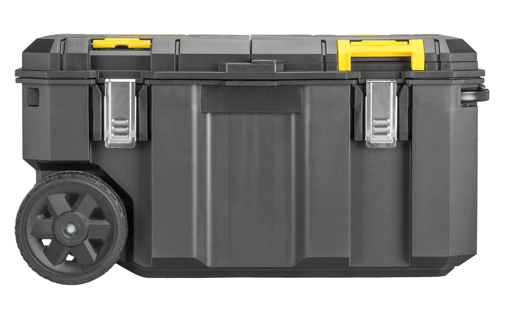 Large black DEWALT wheeled toolbox with metal latches and yellow handles, shown on a white background.
