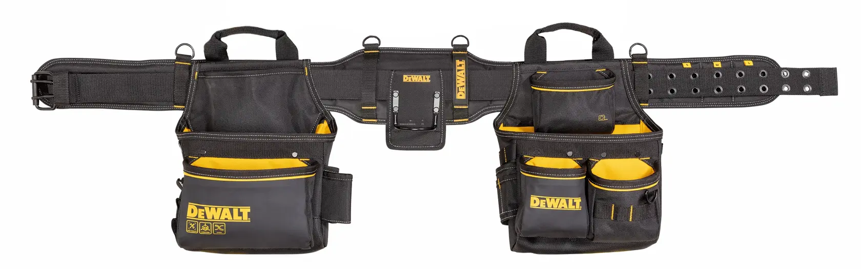 DEWALT verktøybelte med flere svarte og gule lommer og rom, designet for å bære verktøy og tilbehør.