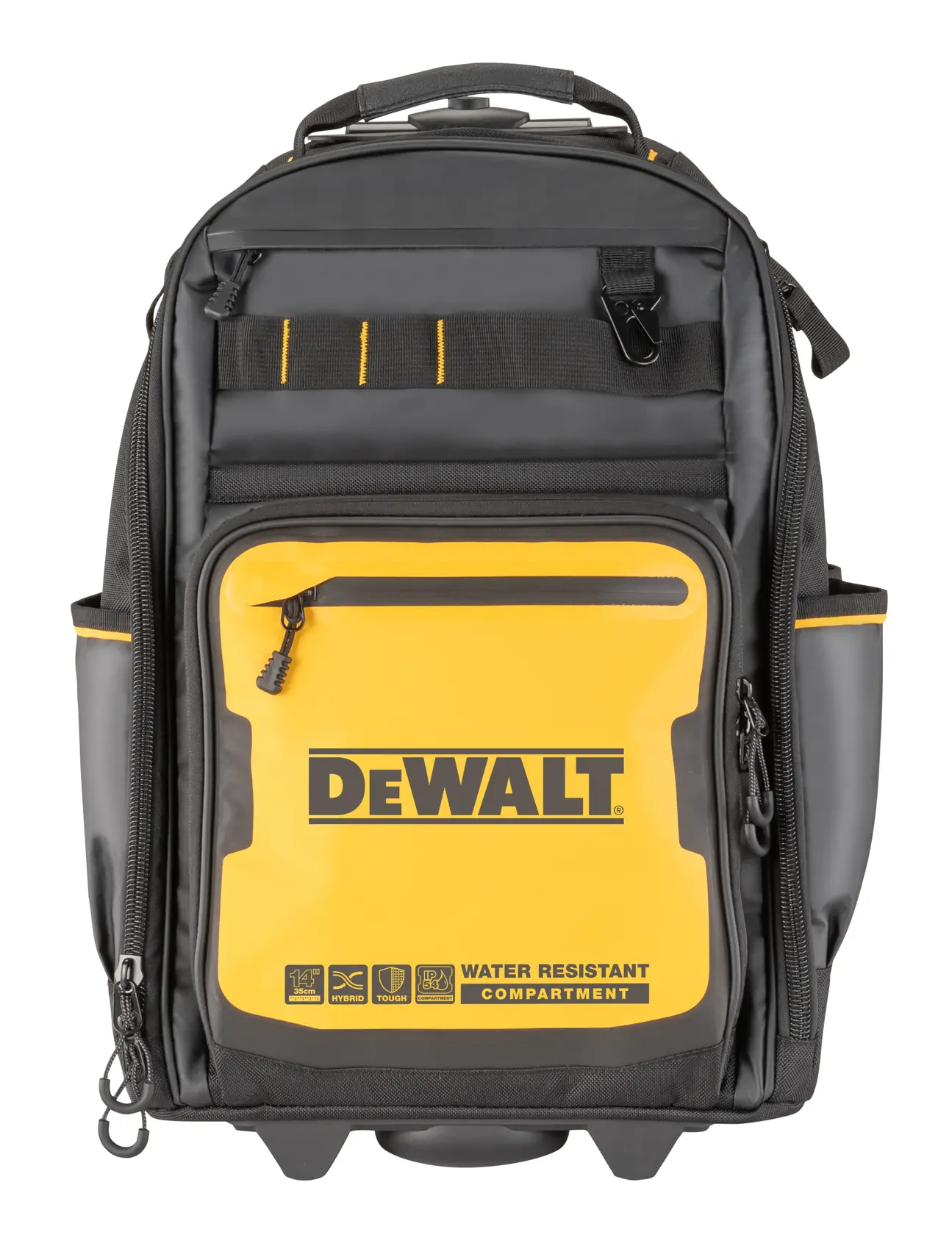 Frontvisning av en DEWALT-ryggsekk med svart og gult design. Sekken har et vannavstøtende rom foran og flere lommer og glidelåser. DEWALT-logoen er tydelig synlig.