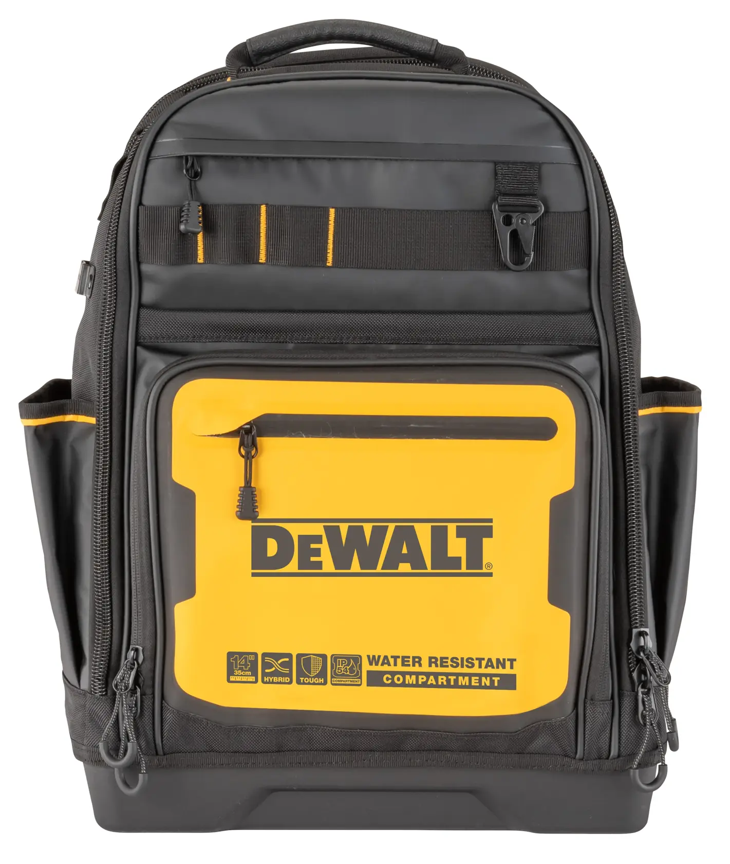En svart og gul DEWALT ryggsekk utviklet for verktøy, med flere rom og lommer, et vannavstøtende frontrom og DEWALT-logoen tydelig synlig.