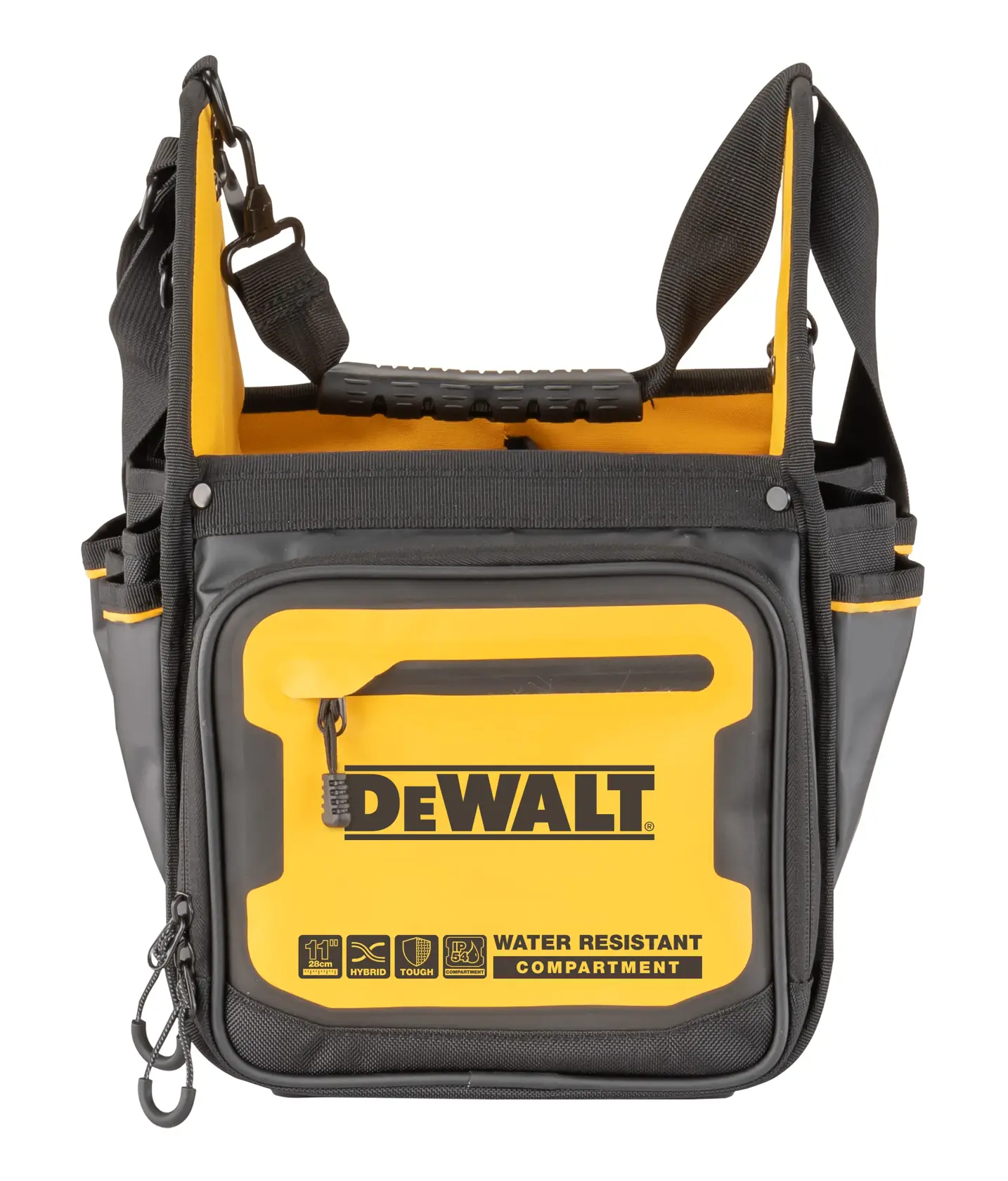 Frontvisning av DEWALT DWST60105-1 fotobag med vannavstøtende rom, gult og svart design, skulderstropp og tydelig DEWALT-logo.