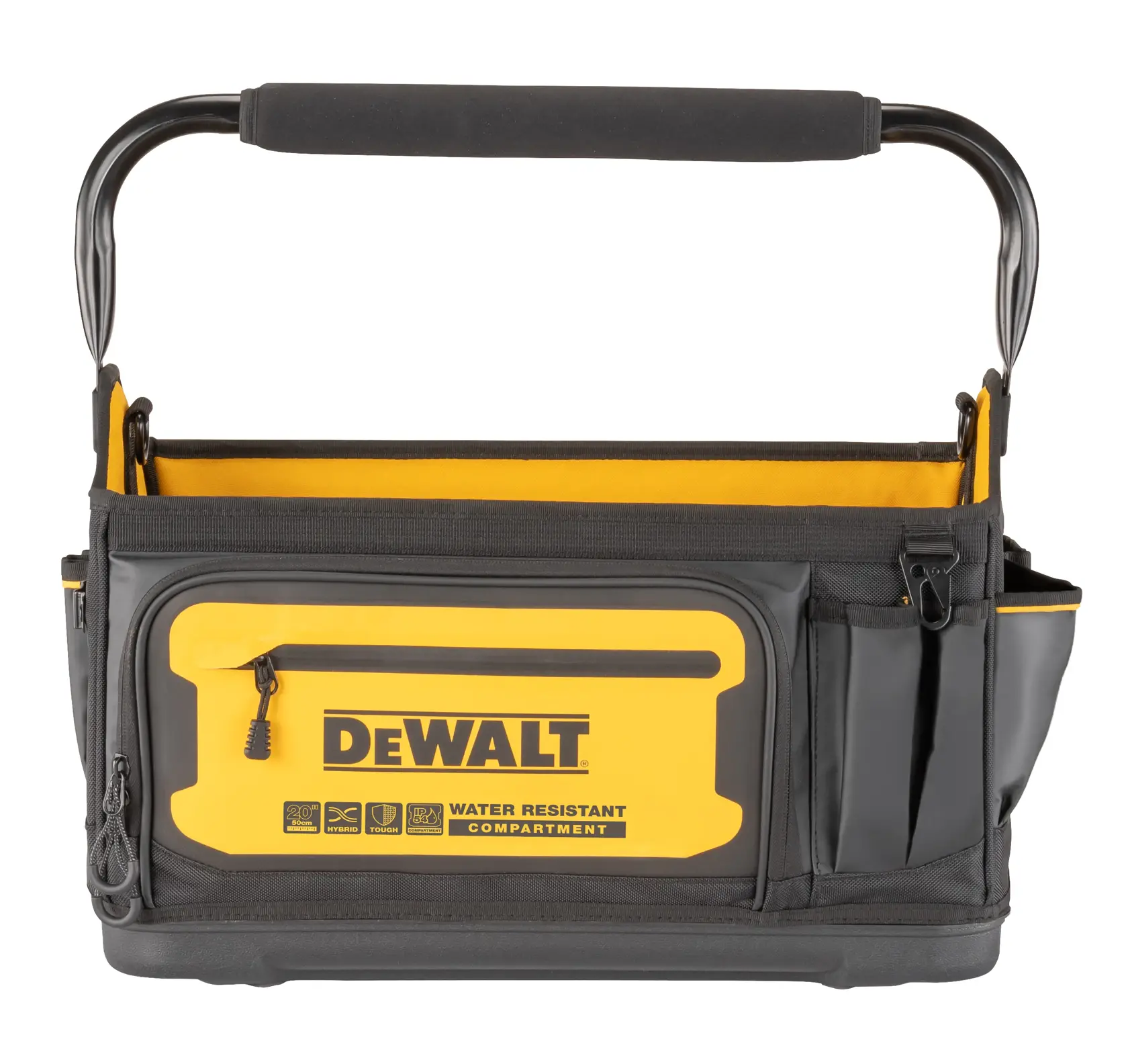Åpen verktøybag fra DEWALT med solid håndtak, flere rom og en gul, vannavvisende frontlomme med glidelås.