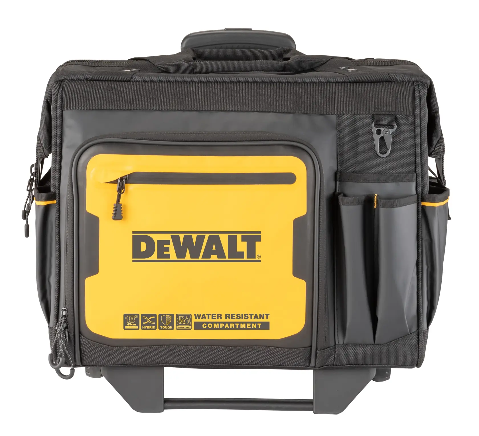 Foranvisning av en DEWALT verktøyveske med gult og svart design, flere utvendige lommer og rom. Frontlommen er merket 'water resistant compartment' (vannbestandig rom). Vesken har et håndtak på toppen for bæring.