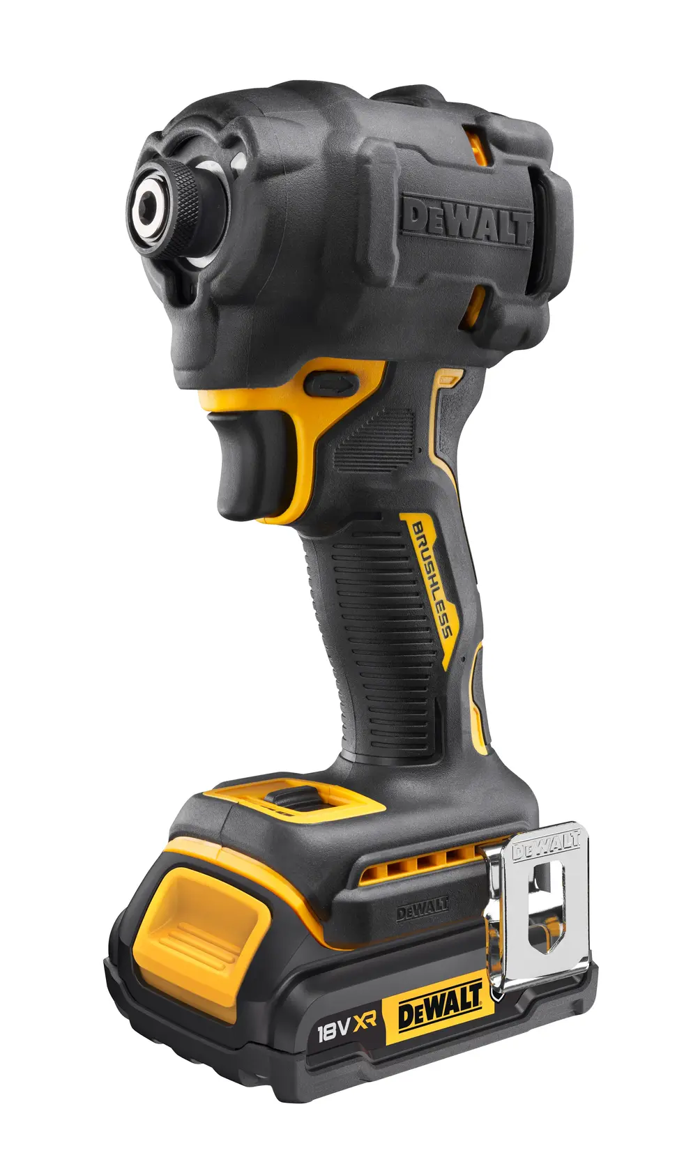 En DEWALT trådløs slagdriver med et 18V XR batteri. Verktøyet har svart og gul farge, kompakt børsteløs design og et belteklips på siden.