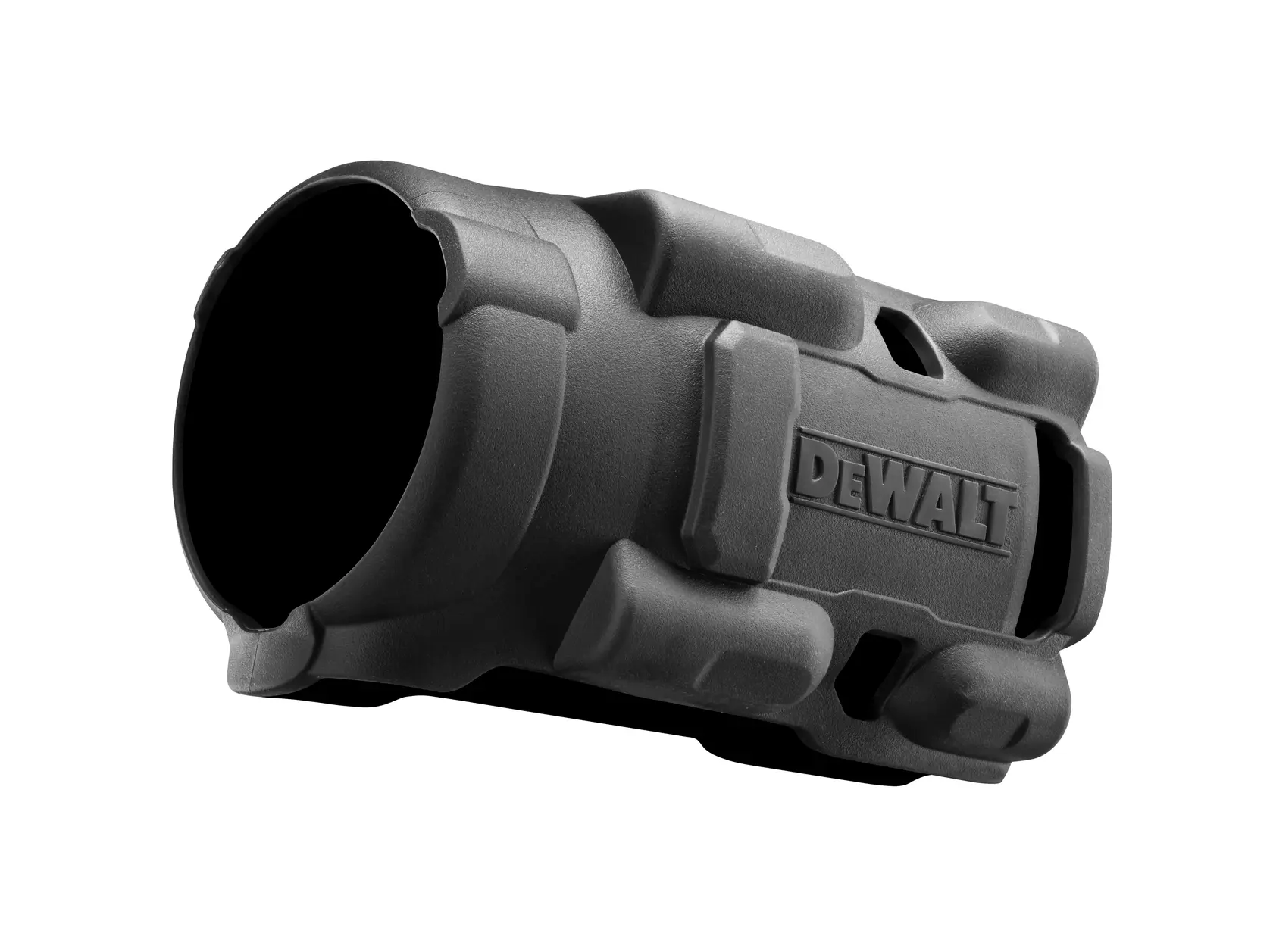 Svart robust beskyttelsesdeksel med DEWALT-logo, designet for bruk med fotografiutstyr.